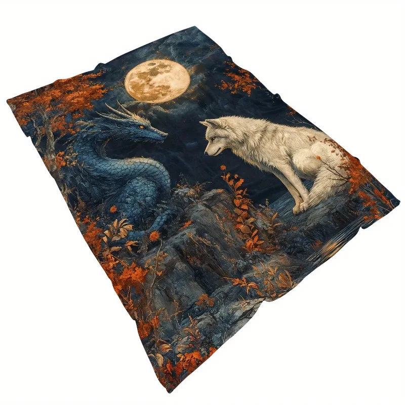 Fantasy Wolf & Dragon Throw Blanket