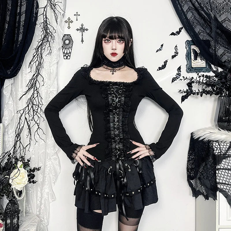 Gothic Black Lace Long Sleeve T-Shirt