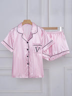 Striped Pocket Short Sleeve and Shorts Pajama Set