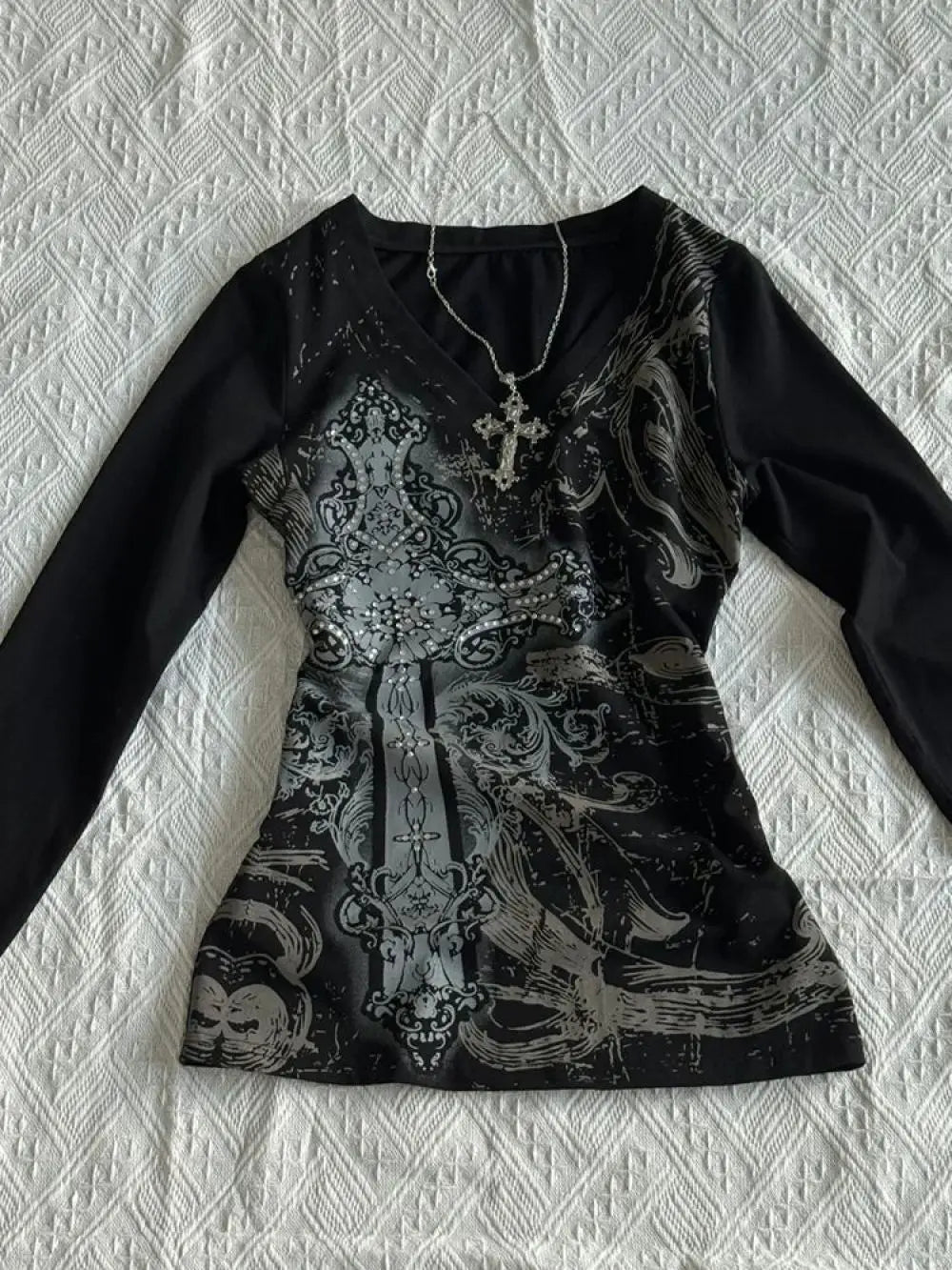 Gothic Black Printed V neck Long Sleeve T shirt