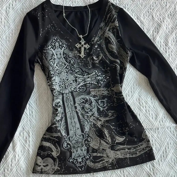 Gothic Black Printed V neck Long Sleeve T shirt
