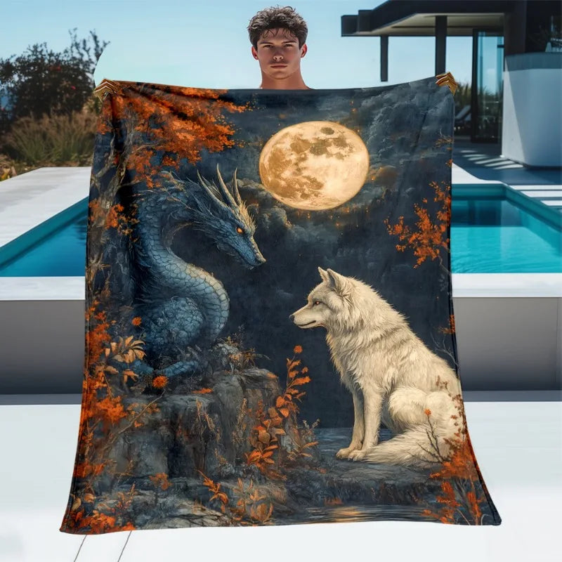 Fantasy Wolf & Dragon Throw Blanket