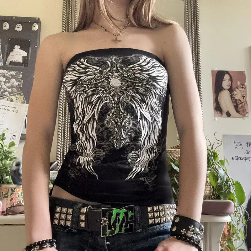 Gothic Print Black Strapless Tube Top