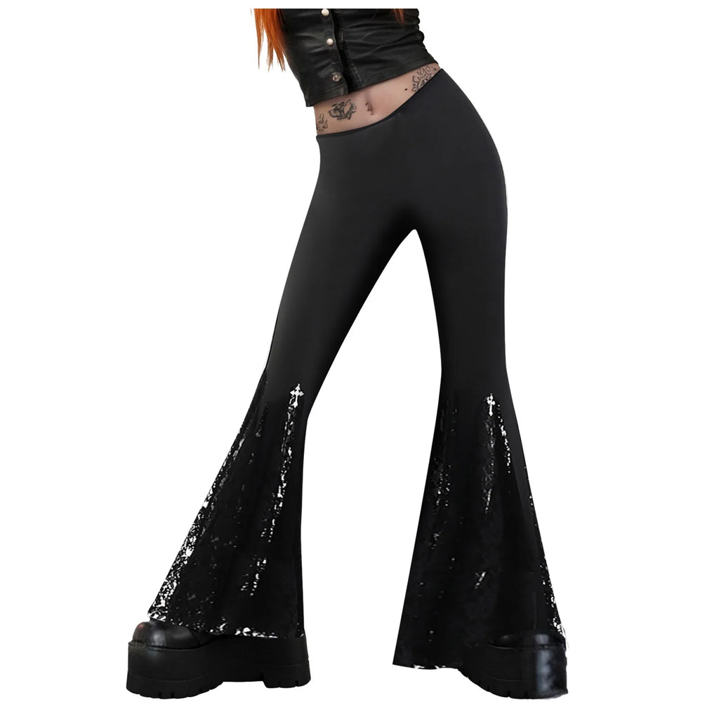 Gothic Sexy Solid Color High Waist Lace Flared Pants