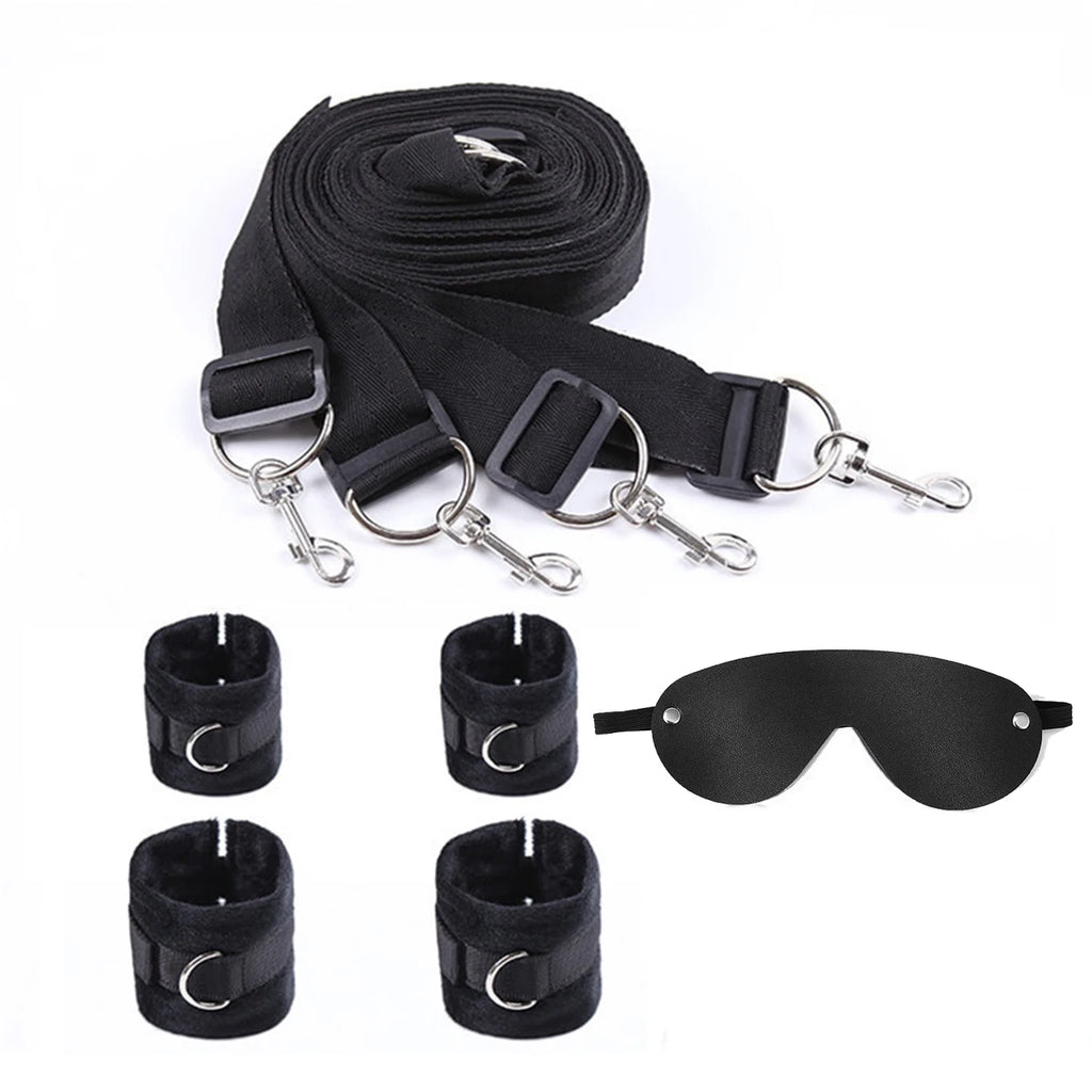 Couple Bed Sex Games Strap System BDSM Bed Restraint Sex Machine Female Handcuff Ankle Cuffs Open Leg Straps Eyeblinder Sex Toy