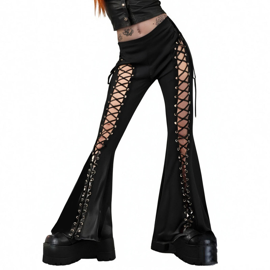 Gothic Sexy Solid Color High Waist Lace Flared Pants