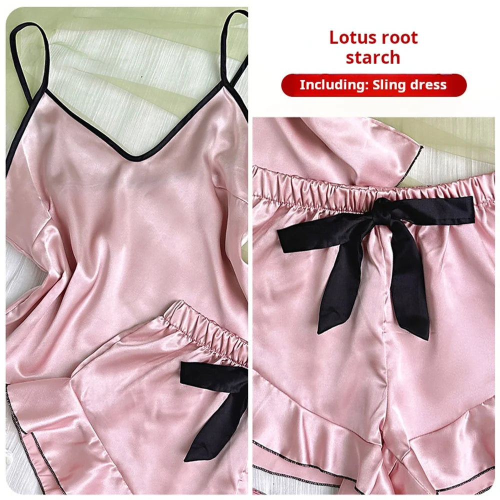 Satin Pajamas T Shirt and Shorts Set