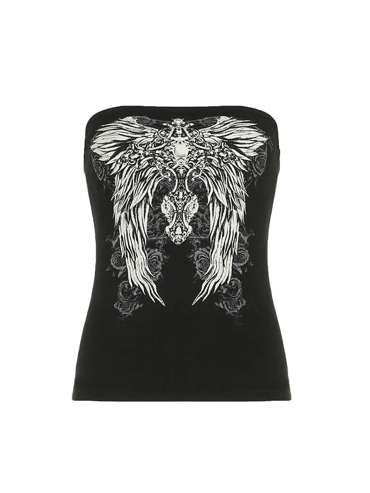 Gothic Print Black Strapless Tube Top