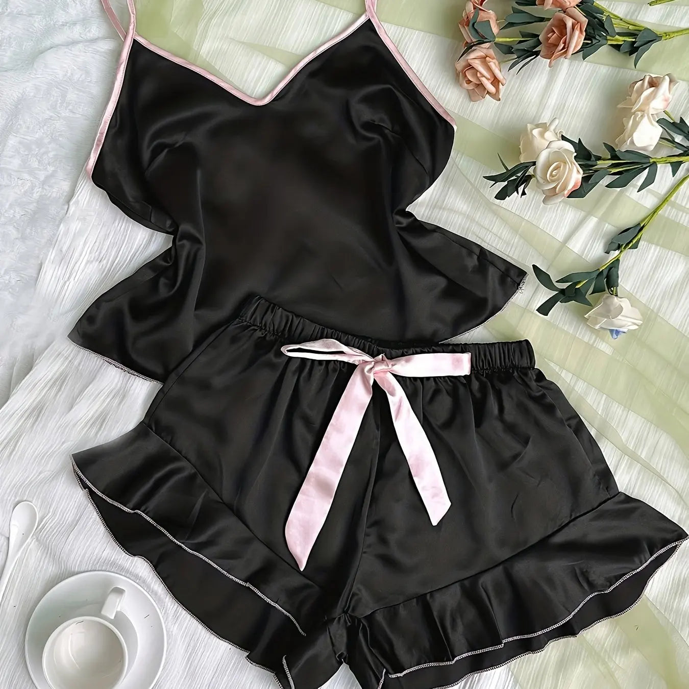 Satin Pajamas T Shirt and Shorts Set