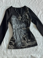 Gothic Black Printed V neck Long Sleeve T shirt