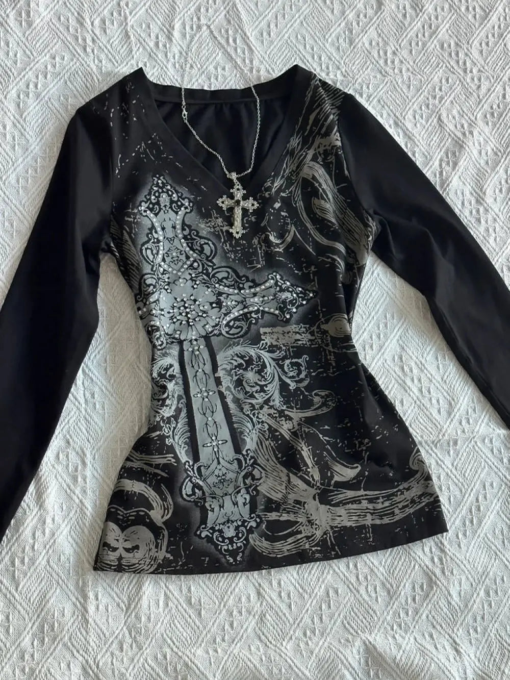 Gothic Black Printed V neck Long Sleeve T shirt