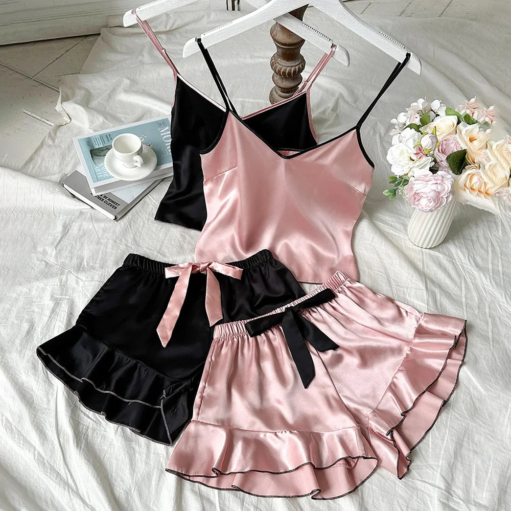 Satin Pajamas T Shirt and Shorts Set