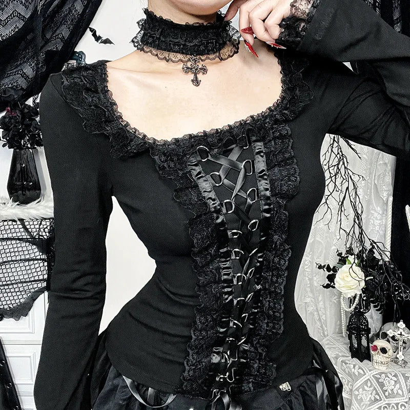 Gothic Black Lace Long Sleeve T-Shirt