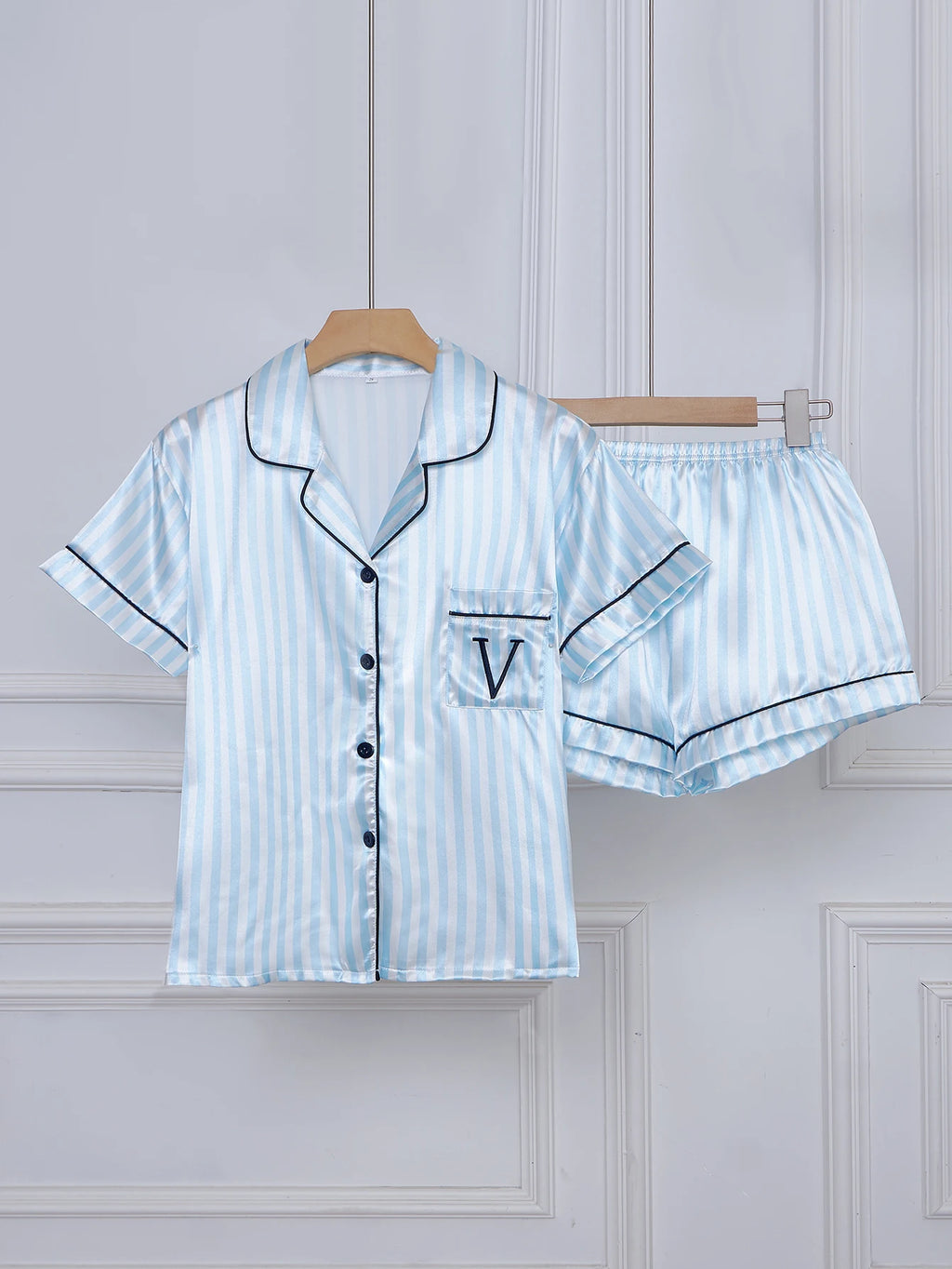 Striped Pocket Short Sleeve and Shorts Pajama Set