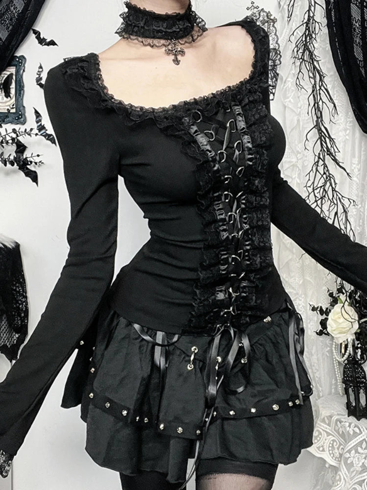 Gothic Black Lace Long Sleeve T-Shirt