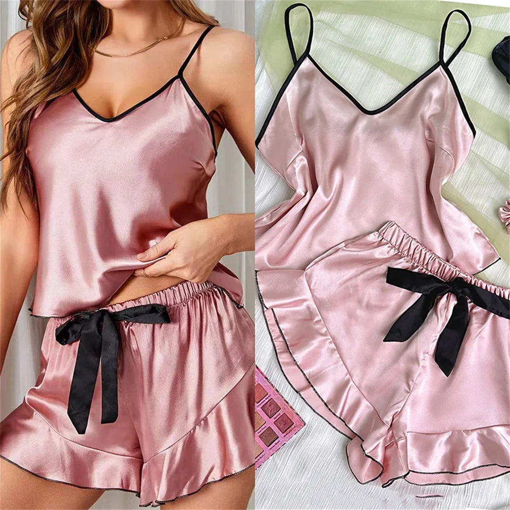 Satin Pajamas T Shirt and Shorts Set
