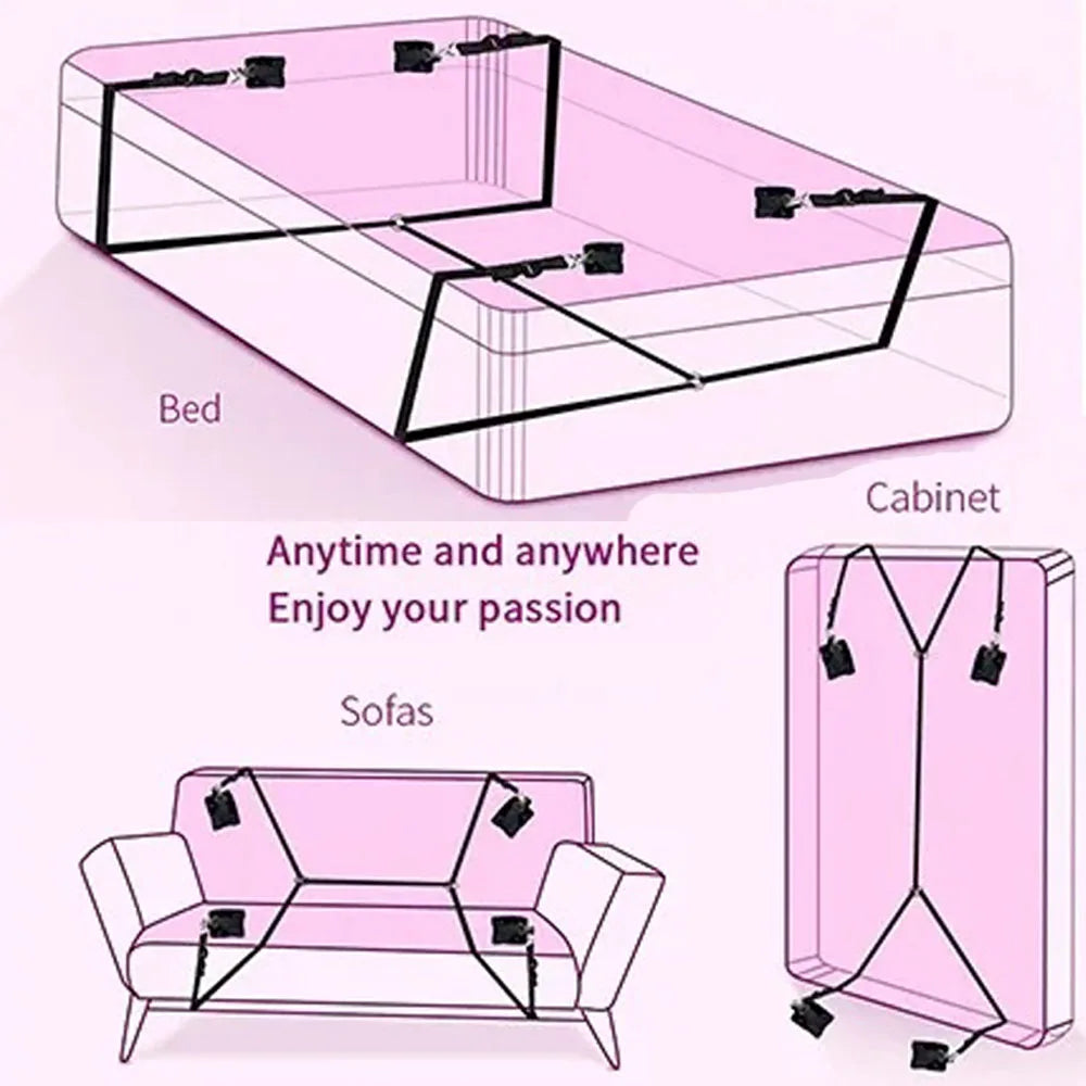 Couple Bed Sex Games Strap System BDSM Bed Restraint Sex Machine Female Handcuff Ankle Cuffs Open Leg Straps Eyeblinder Sex Toy
