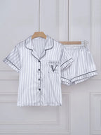 Striped Pocket Short Sleeve and Shorts Pajama Set