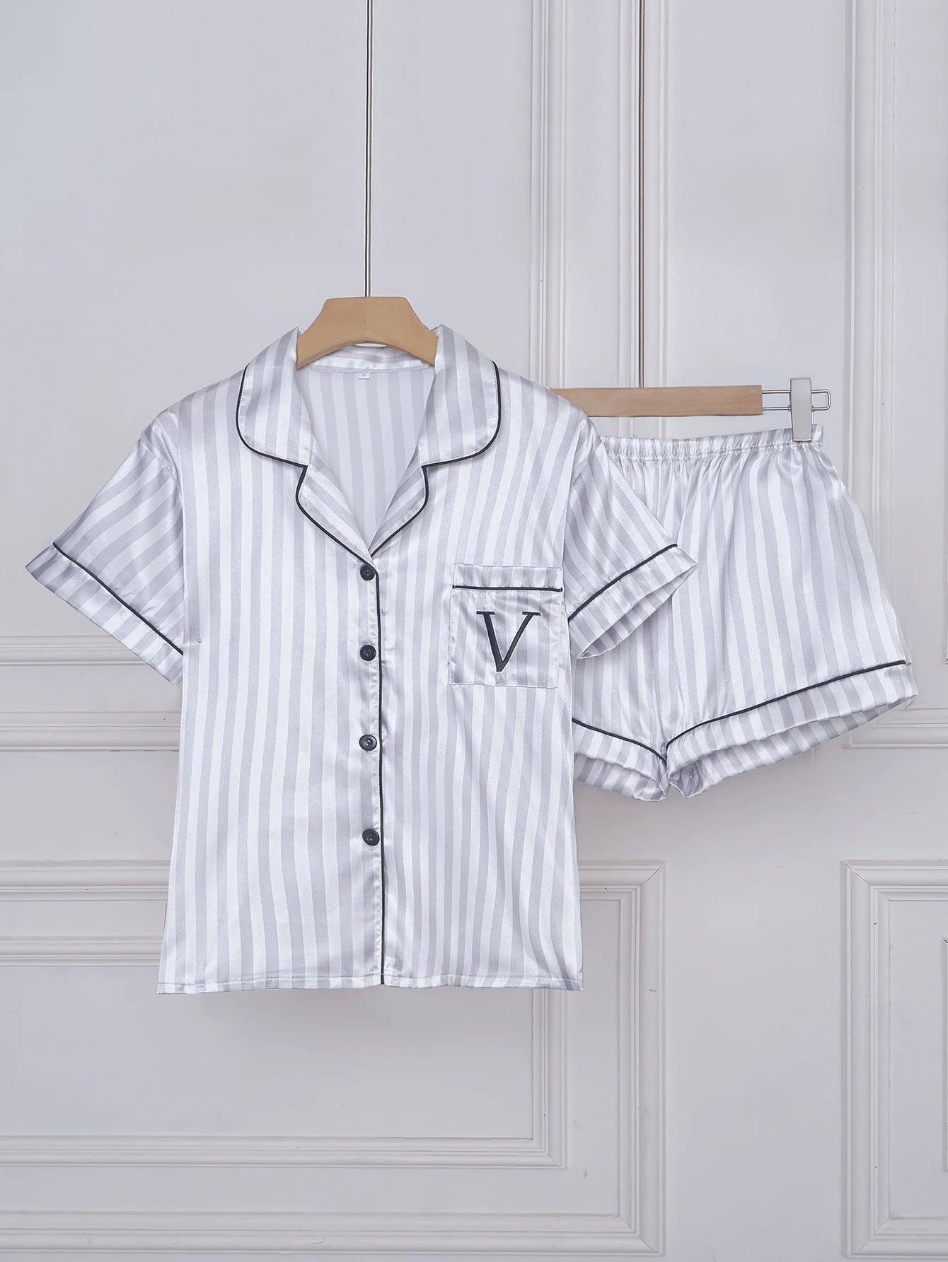 Striped Pocket Short Sleeve and Shorts Pajama Set