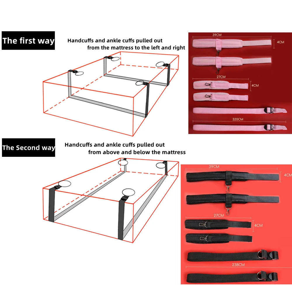 Couple Bed Sex Games Strap System BDSM Bed Restraint Sex Machine Female Handcuff Ankle Cuffs Open Leg Straps Eyeblinder Sex Toy