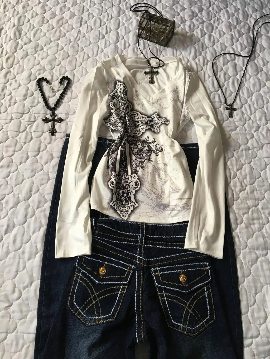 Gothic Black Printed V neck Long Sleeve T shirt