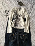 Gothic Black Printed V neck Long Sleeve T shirt