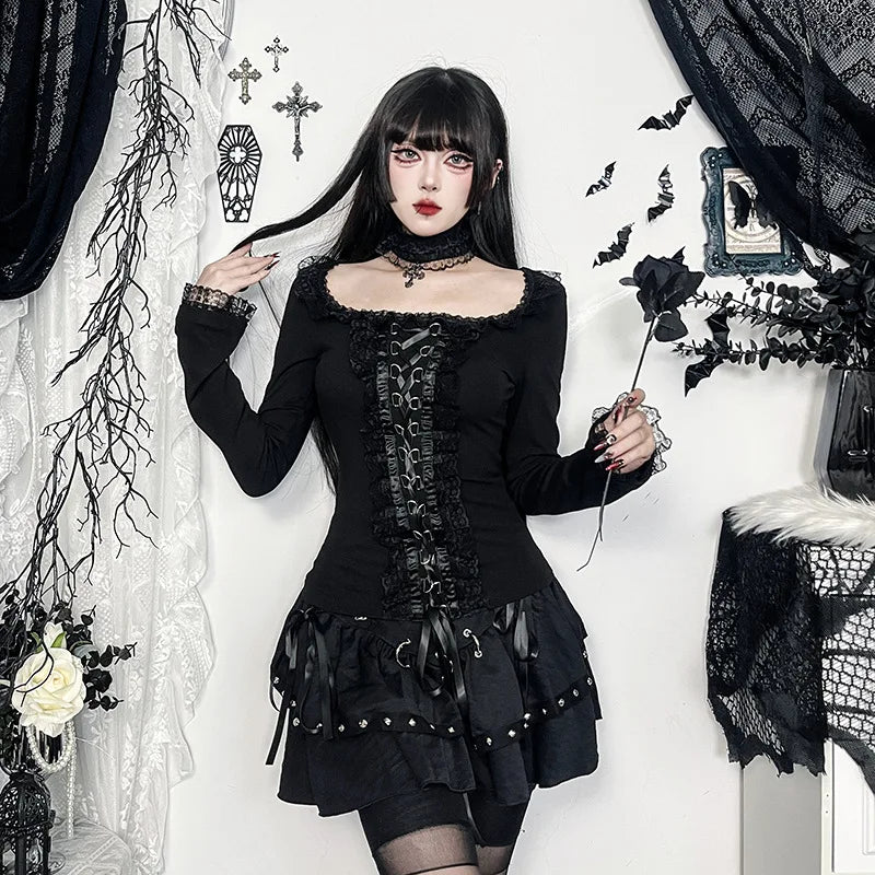 Gothic Black Lace Long Sleeve T-Shirt