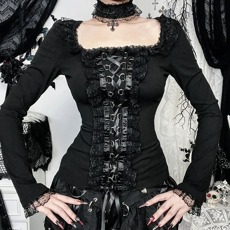 Gothic Black Lace Long Sleeve T-Shirt