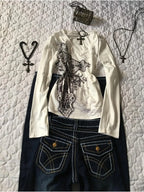 Gothic Black Printed V neck Long Sleeve T shirt