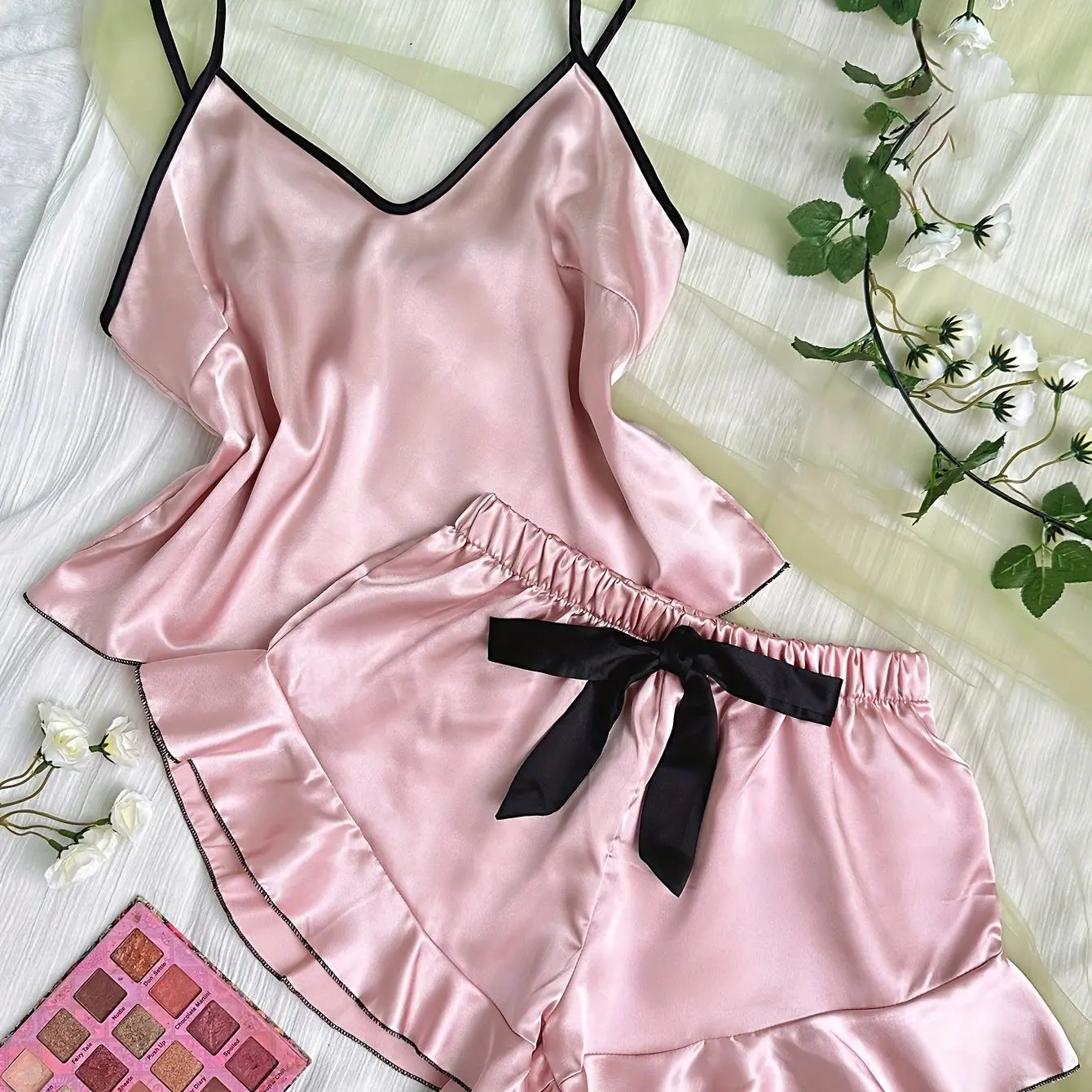 Satin Pajamas T Shirt and Shorts Set