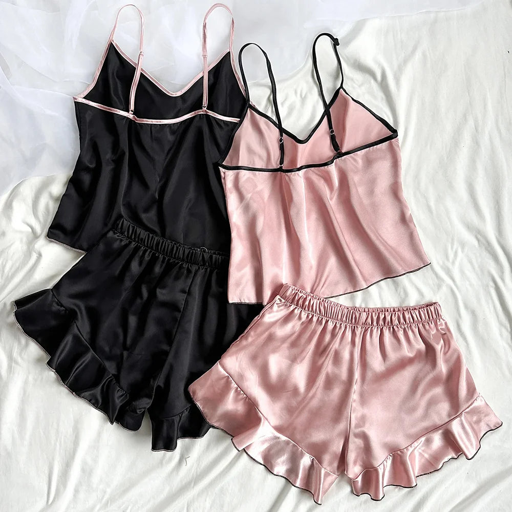 Satin Pajamas T Shirt and Shorts Set