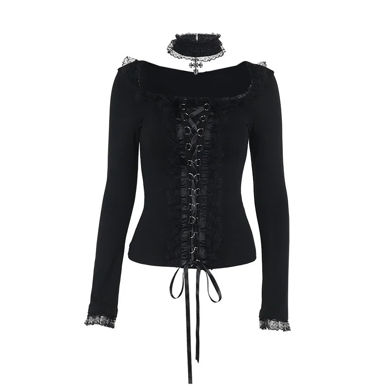 Gothic Black Lace Long Sleeve T-Shirt
