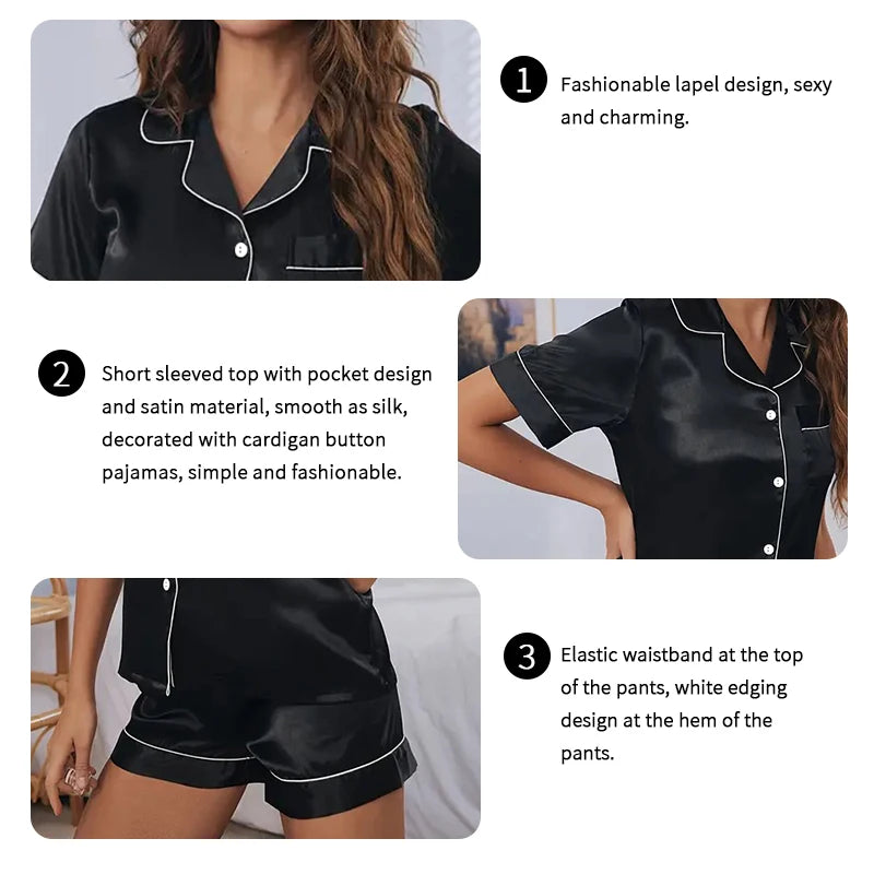 Satin Button Down Tops and Shorts Pajamas